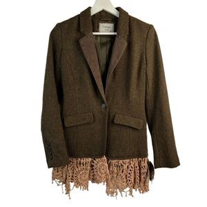Vintage 316 Sz XS Blazer Jacket Wool Crochet Doily Trim Hem One Of A Kind Brown